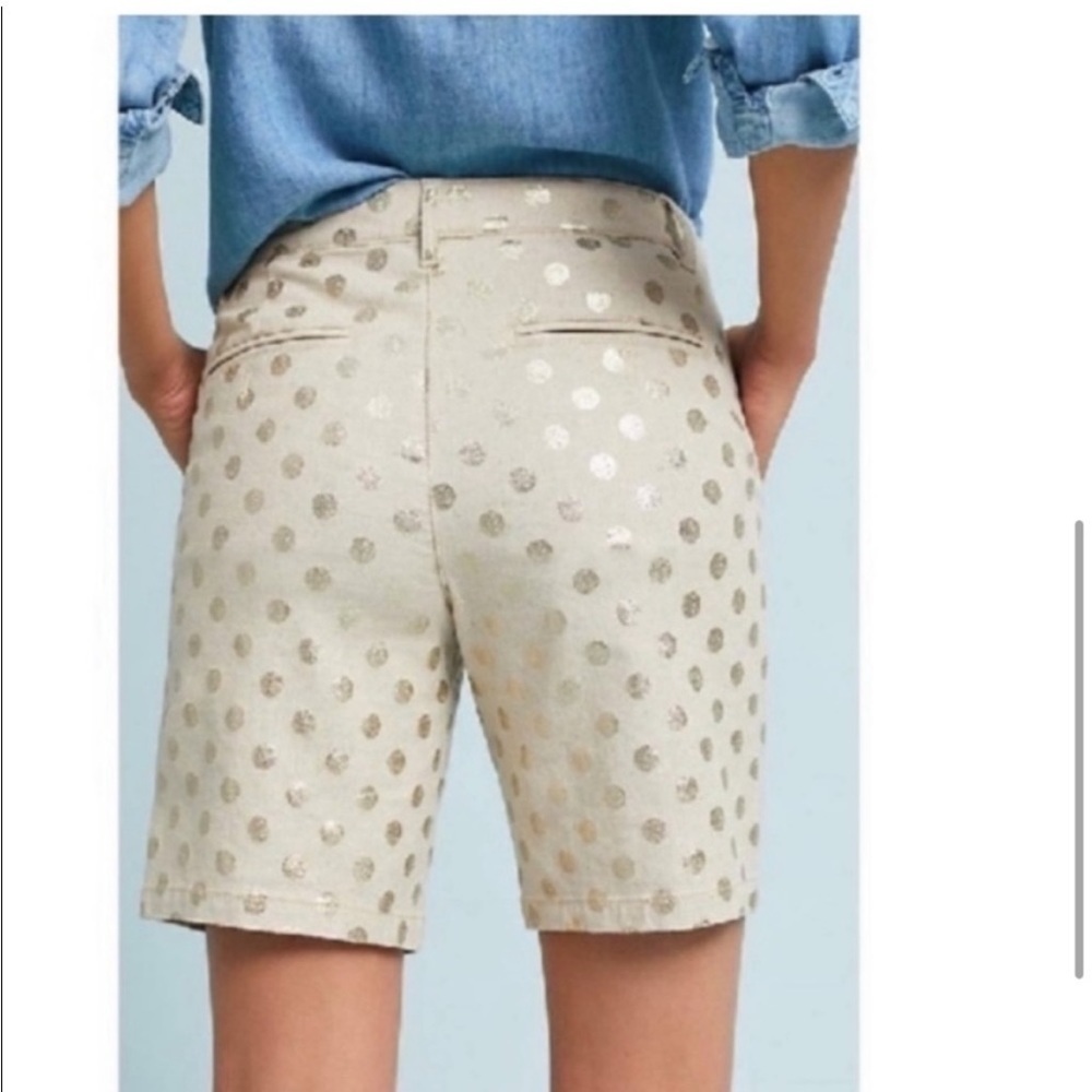 Anthropologie Gold Foil Polka Dots Linen Blend Bermuda Shorts Mid Rise - Picture 2 of 7